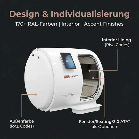 ProReset Atlantis Hyperbarkammer in Weiß mit Hinweisen zu Farben, Innenausstattung und Fenstern