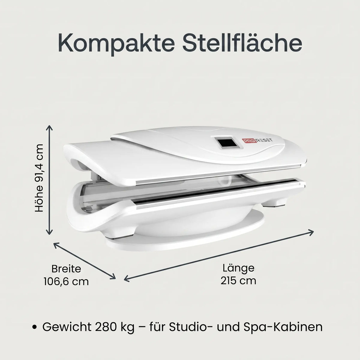 ProReset AuraLight Abmessungen – 215 × 106,6 × 91,4 cm, 280 kg Stellfläche