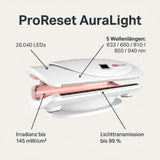 ProReset AuraLight Rotlichtbett, Grafik mit LED-Anzahl, Wellenlängen und Irradianz