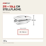 Maßbild ProReset AuraLight Rotlichtbett: Stellfläche 215 × 106,6 cm, Höhe 91,4 cm