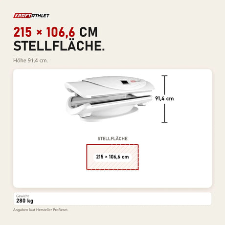 Maßbild ProReset AuraLight Rotlichtbett: Stellfläche 215 × 106,6 cm, Höhe 91,4 cm