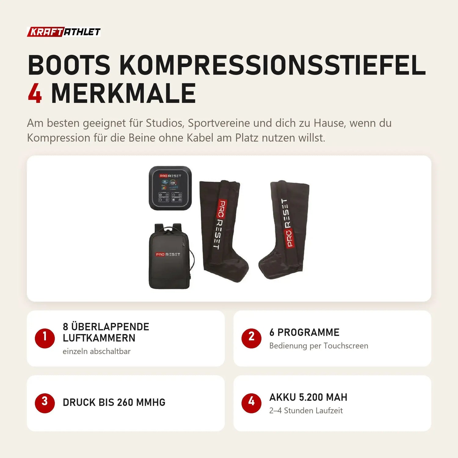 ProReset Boots Kompressionsstiefel mit 4 Merkmalen: 8 überlappende Luftkammern, 6 Programme, Druck bis 260 mmHg, Akku 5.200 mAh