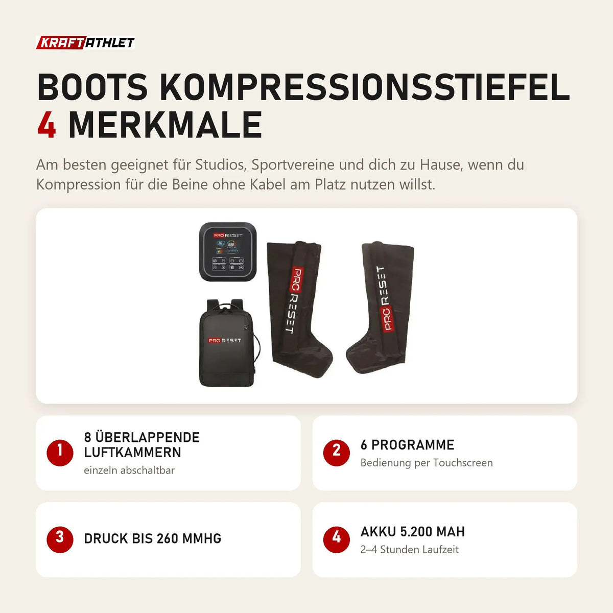 ProReset Boots Kompressionsstiefel mit 4 Merkmalen: 8 überlappende Luftkammern, 6 Programme, Druck bis 260 mmHg, Akku 5.200 mAh