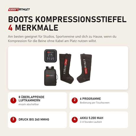 ProReset Boots Kompressionsstiefel mit 4 Merkmalen: 8 überlappende Luftkammern, 6 Programme, Druck bis 260 mmHg, Akku 5.200 mAh
