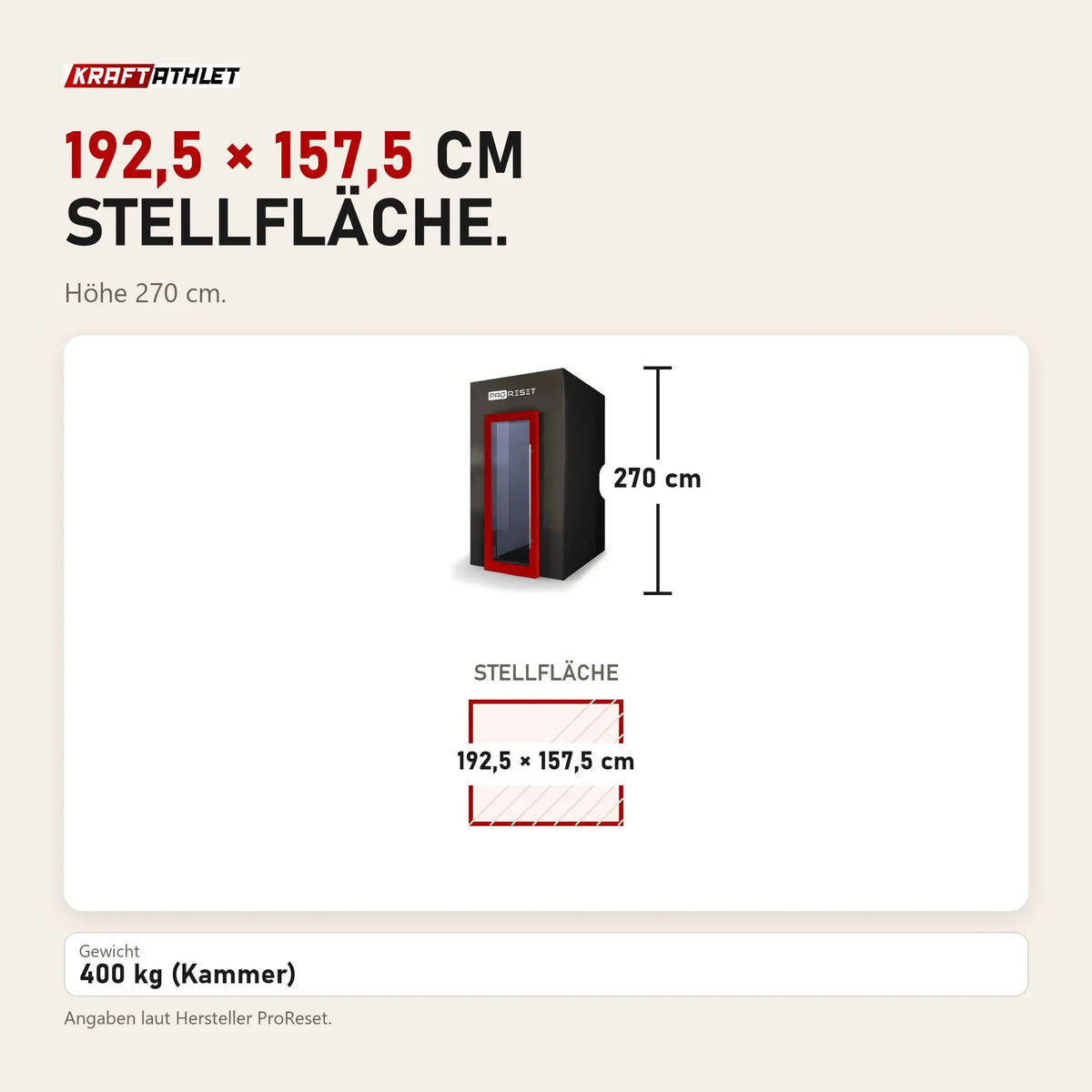 Maßbild ProReset CryoPro e-Chill Elektrische Kryokammer: Stellfläche 192,5 × 157,5 cm, Höhe 270 cm
