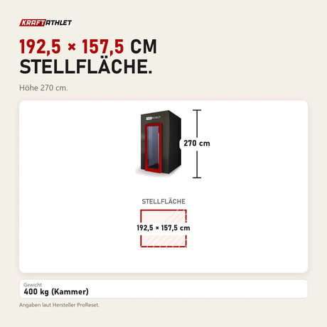 Maßbild ProReset CryoPro e-Chill Elektrische Kryokammer: Stellfläche 192,5 × 157,5 cm, Höhe 270 cm
