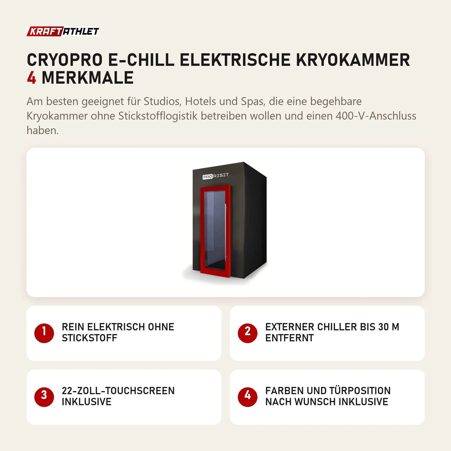 ProReset CryoPro e-Chill Elektrische Kryokammer mit 4 Merkmalen: Rein elektrisch ohne Stickstoff, Externer Chiller bis 30 m entfernt, 22-Zoll-Touchscreen inklusive, Farben und Türposition nach Wunsch inklusive