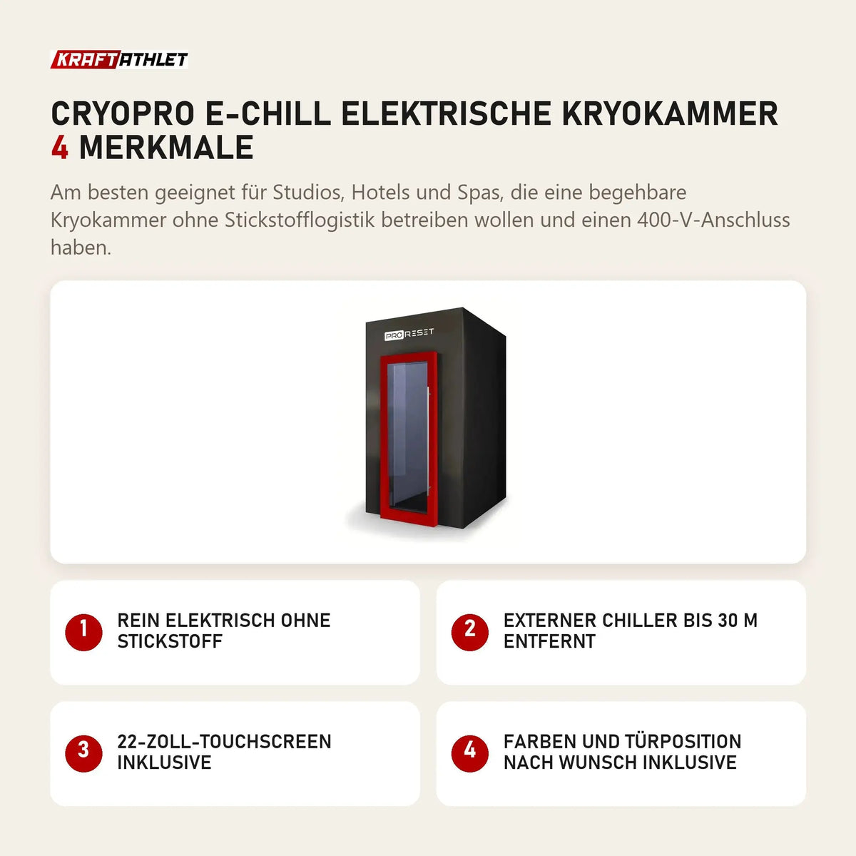 ProReset CryoPro e-Chill Elektrische Kryokammer mit 4 Merkmalen: Rein elektrisch ohne Stickstoff, Externer Chiller bis 30 m entfernt, 22-Zoll-Touchscreen inklusive, Farben und Türposition nach Wunsch inklusive