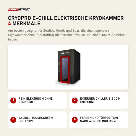 ProReset CryoPro e-Chill Elektrische Kryokammer mit 4 Merkmalen: Rein elektrisch ohne Stickstoff, Externer Chiller bis 30 m entfernt, 22-Zoll-Touchscreen inklusive, Farben und Türposition nach Wunsch inklusive