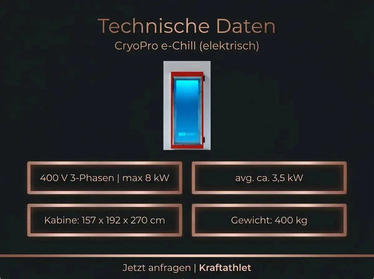 ProReset CryoPro e-Chill Elektrische Kryokammer – Übersicht der technischen Daten mit Kabinenansicht