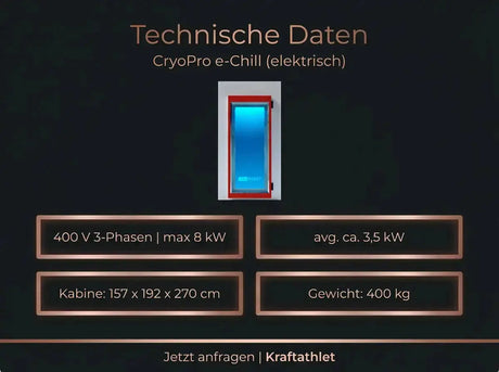 ProReset CryoPro e-Chill Elektrische Kryokammer – Übersicht der technischen Daten mit Kabinenansicht