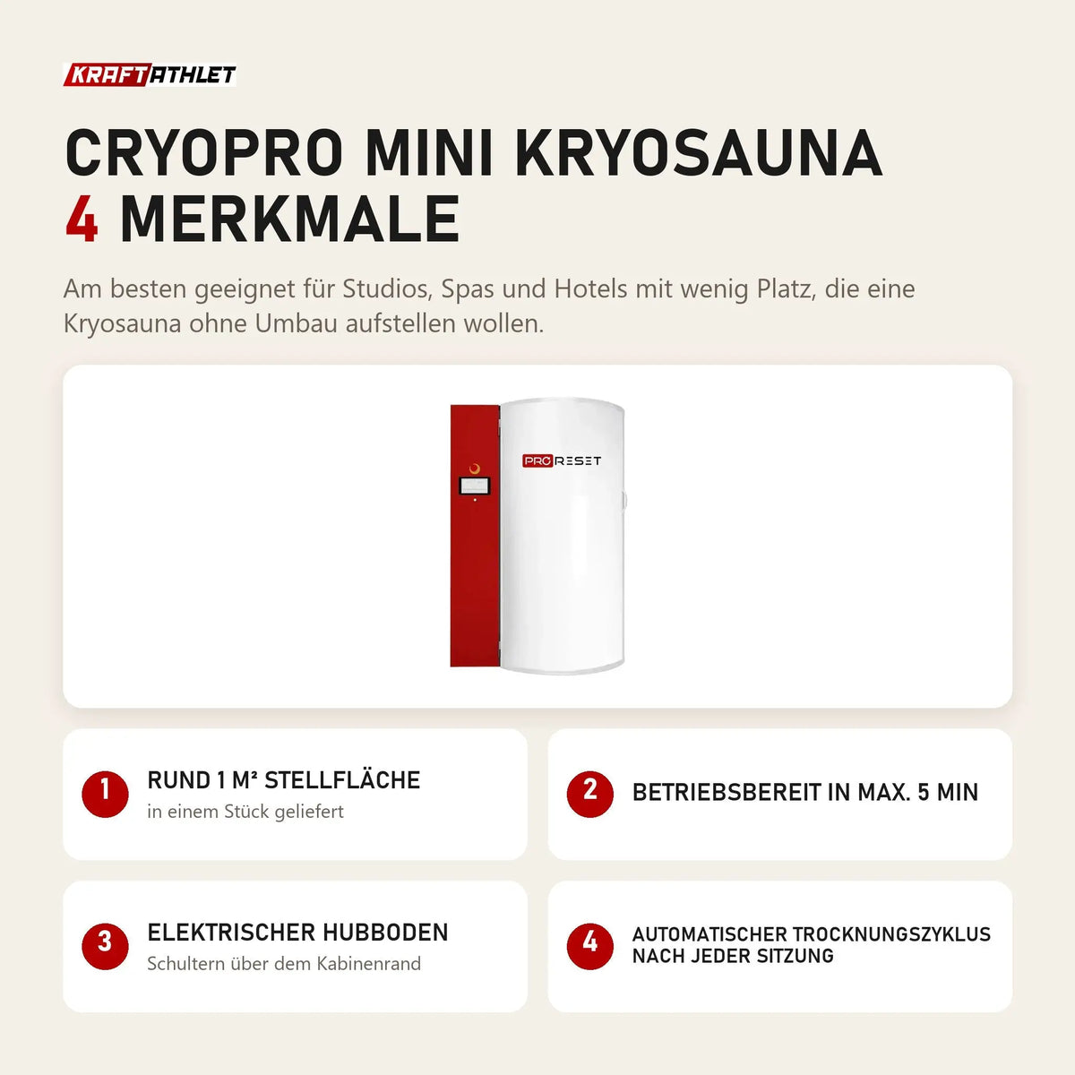 ProReset CryoPro Mini Kryosauna mit 4 Merkmalen: Rund 1 m² Stellfläche, Betriebsbereit in max. 5 min, Elektrischer Hubboden, Automatischer Trocknungszyklus nach jeder Sitzung