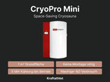 ProReset CryoPro Mini Kryosauna, Übersicht mit Grundfläche und Kühlzeit auf dunklem Hintergrund