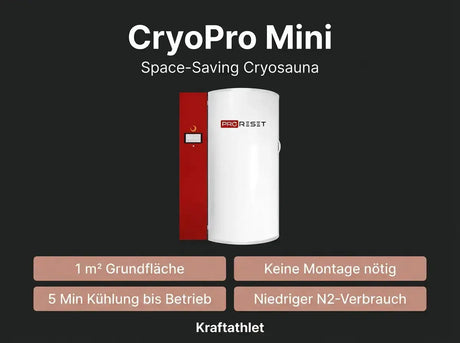 ProReset CryoPro Mini Kryosauna, Übersicht mit Grundfläche und Kühlzeit auf dunklem Hintergrund