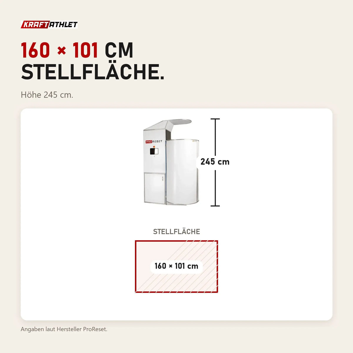 Maßbild ProReset CryoPro Sauna Kryosauna: Stellfläche 160 × 101 cm, Höhe 245 cm