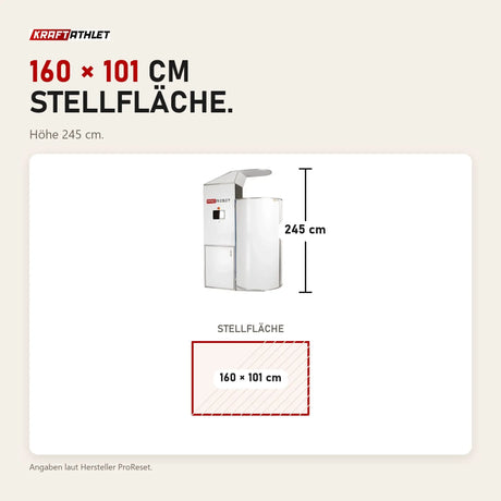 Maßbild ProReset CryoPro Sauna Kryosauna: Stellfläche 160 × 101 cm, Höhe 245 cm
