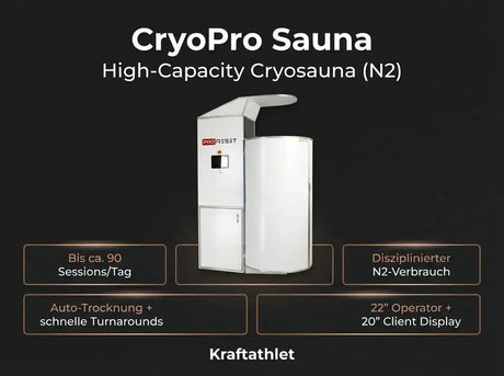 ProReset CryoPro Sauna Kryosauna – Übersicht der Merkmale auf dunklem Grund