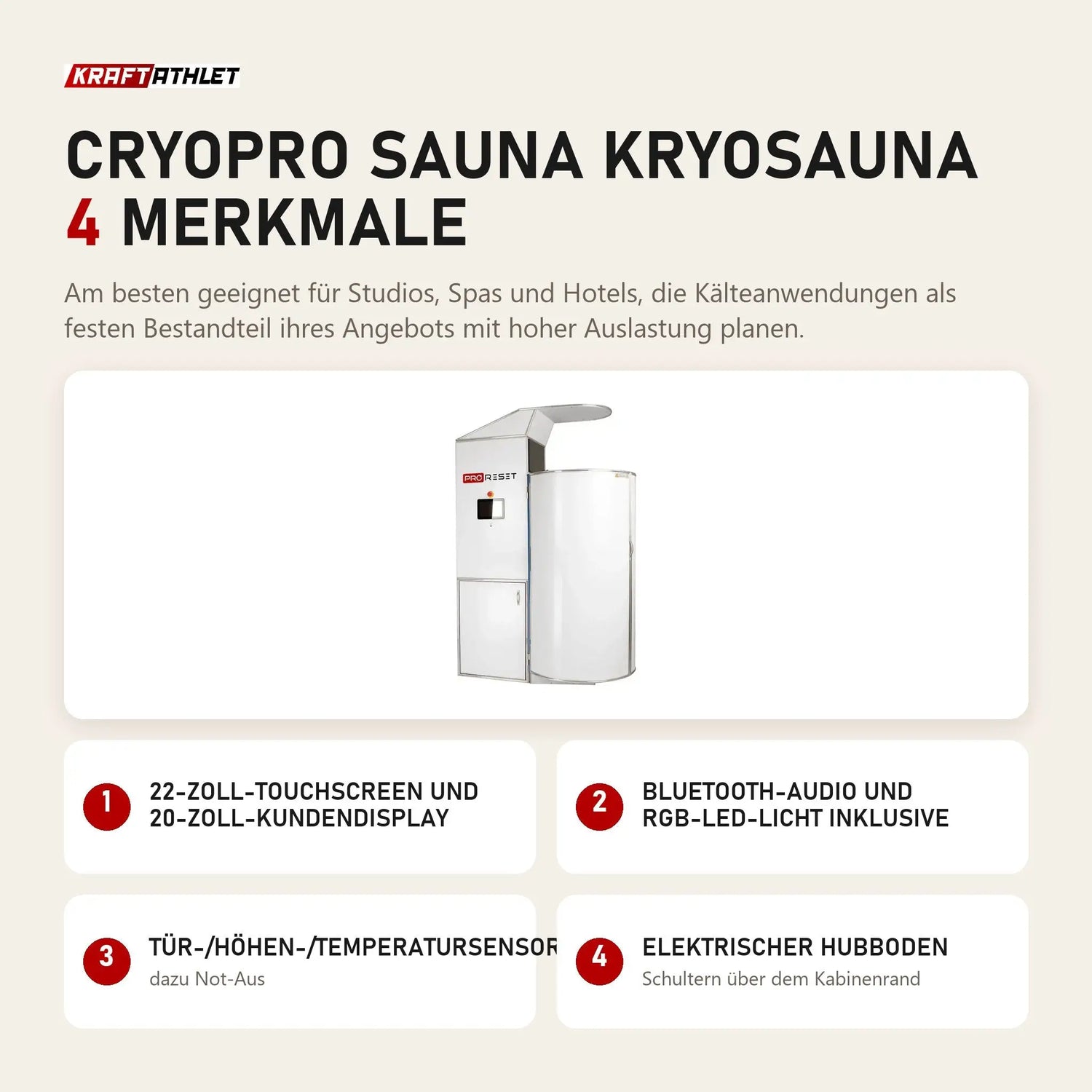 ProReset CryoPro Sauna Kryosauna mit 4 Merkmalen: 22-Zoll-Touchscreen und 20-Zoll-Kundendisplay, Bluetooth-Audio und RGB-LED-Licht inklusive, Tür-/Höhen-/Temperatursensoren, Elektrischer Hubboden