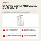 ProReset CryoPro Sauna Kryosauna mit 4 Merkmalen: 22-Zoll-Touchscreen und 20-Zoll-Kundendisplay, Bluetooth-Audio und RGB-LED-Licht inklusive, Tür-/Höhen-/Temperatursensoren, Elektrischer Hubboden