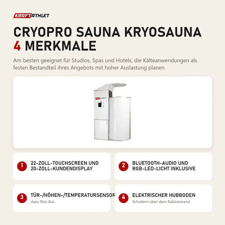 ProReset CryoPro Sauna Kryosauna mit 4 Merkmalen: 22-Zoll-Touchscreen und 20-Zoll-Kundendisplay, Bluetooth-Audio und RGB-LED-Licht inklusive, Tür-/Höhen-/Temperatursensoren, Elektrischer Hubboden