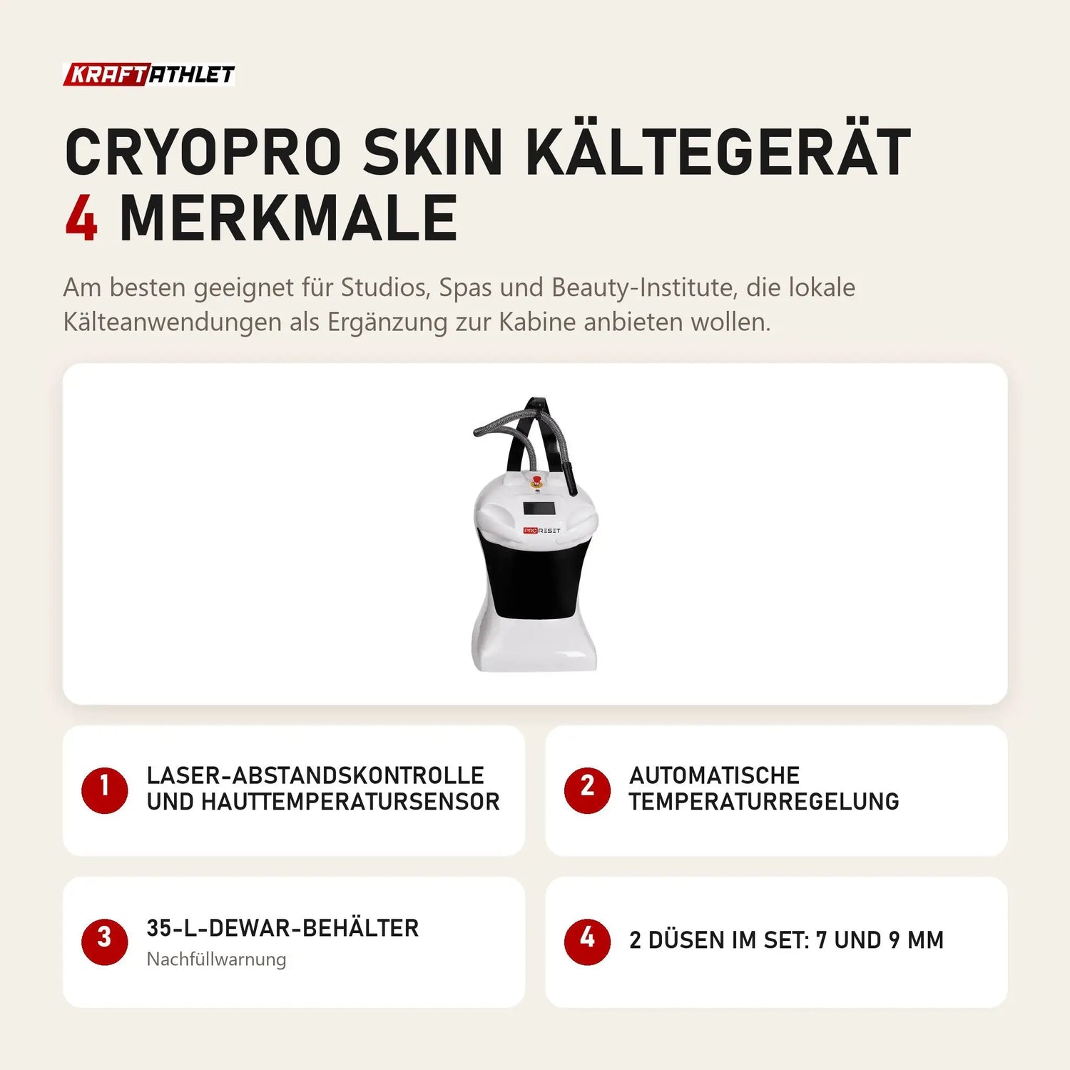 ProReset CryoPro Skin Kältegerät mit 4 Merkmalen: Laser-Abstandskontrolle und Hauttemperatursensor, Automatische Temperaturregelung, 35-l-Dewar-Behälter, 2 Düsen im Set: 7 und 9 mm
