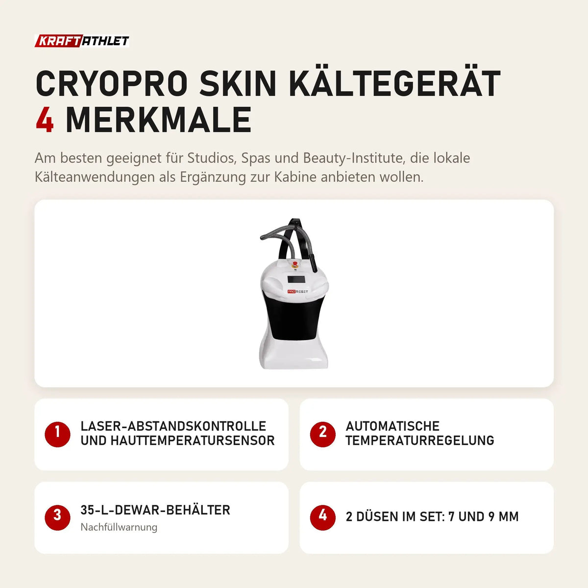 ProReset CryoPro Skin Kältegerät mit 4 Merkmalen: Laser-Abstandskontrolle und Hauttemperatursensor, Automatische Temperaturregelung, 35-l-Dewar-Behälter, 2 Düsen im Set: 7 und 9 mm
