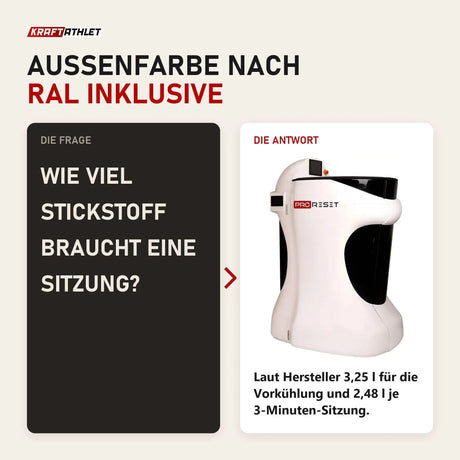 Frage und Antwort zu ProReset CryoPro Ultra Ganzkörper-Kryosauna: Wie viel Stickstoff braucht eine Sitzung?