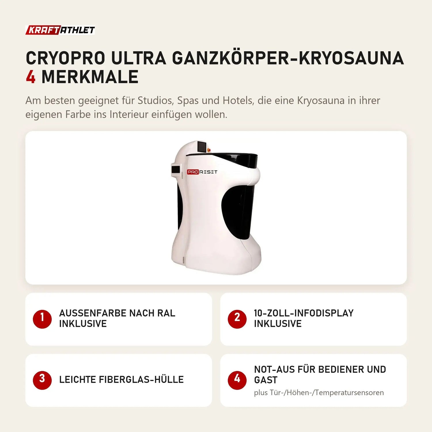 ProReset CryoPro Ultra Ganzkörper-Kryosauna mit 4 Merkmalen: Außenfarbe nach RAL inklusive, 10-Zoll-Infodisplay inklusive, Leichte Fiberglas-Hülle, Not-Aus für Bediener und Gast