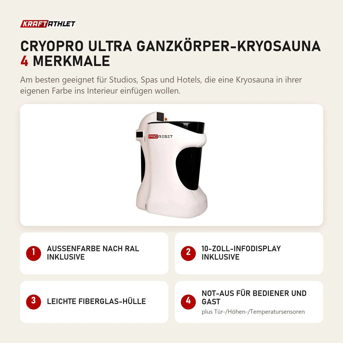 ProReset CryoPro Ultra Ganzkörper-Kryosauna mit 4 Merkmalen: Außenfarbe nach RAL inklusive, 10-Zoll-Infodisplay inklusive, Leichte Fiberglas-Hülle, Not-Aus für Bediener und Gast