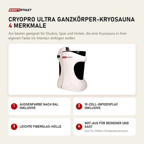 ProReset CryoPro Ultra Ganzkörper-Kryosauna mit 4 Merkmalen: Außenfarbe nach RAL inklusive, 10-Zoll-Infodisplay inklusive, Leichte Fiberglas-Hülle, Not-Aus für Bediener und Gast