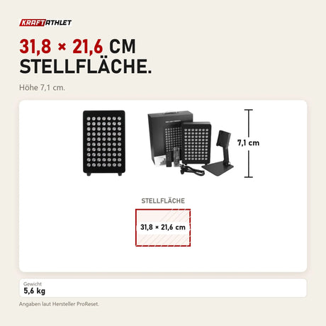 Maßbild ProReset Desktop Rotlichtpaneel: Stellfläche 31,8 × 21,6 cm, Höhe 7,1 cm