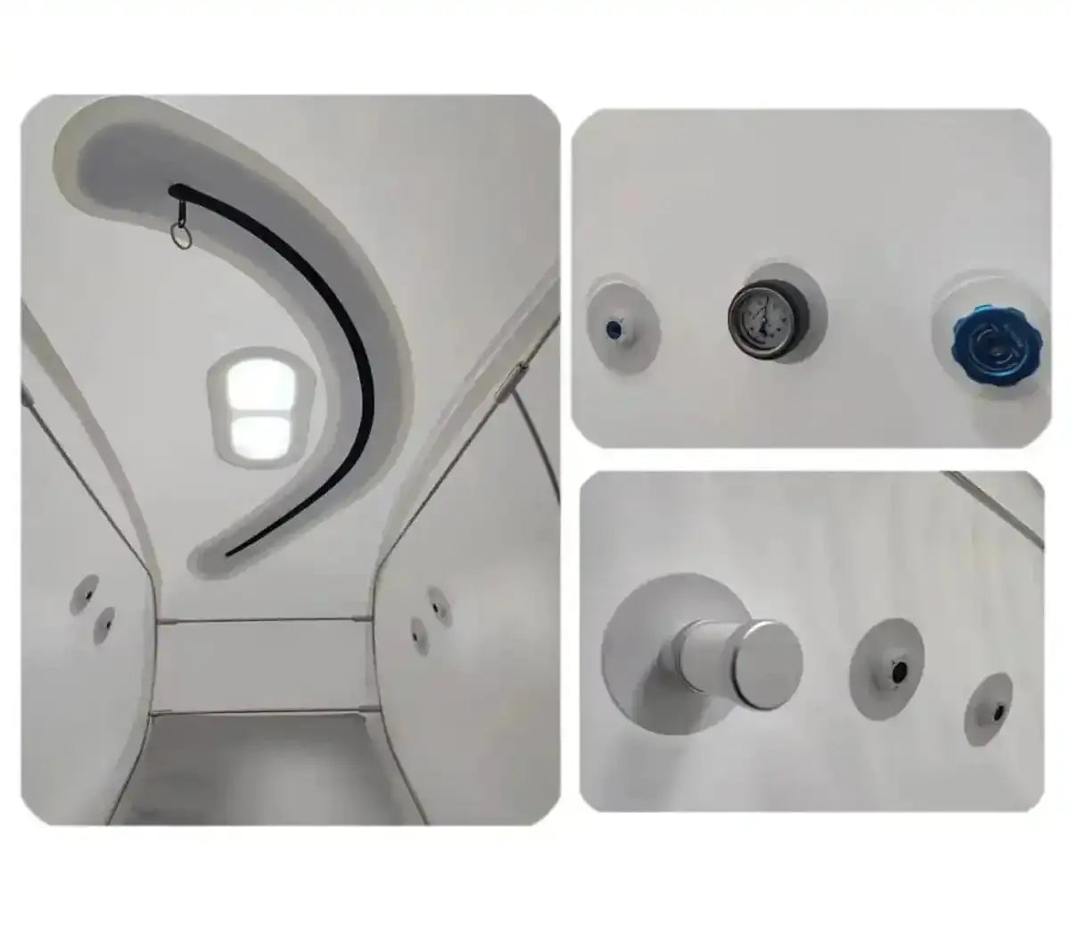ProReset Flow 80 Softshell-Hyperbarkammer, Detailaufnahmen von Fenster, Anzeige und Ventil innen