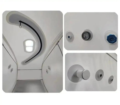 ProReset Flow 80 Softshell-Hyperbarkammer, Detailaufnahmen von Fenster, Anzeige und Ventil innen