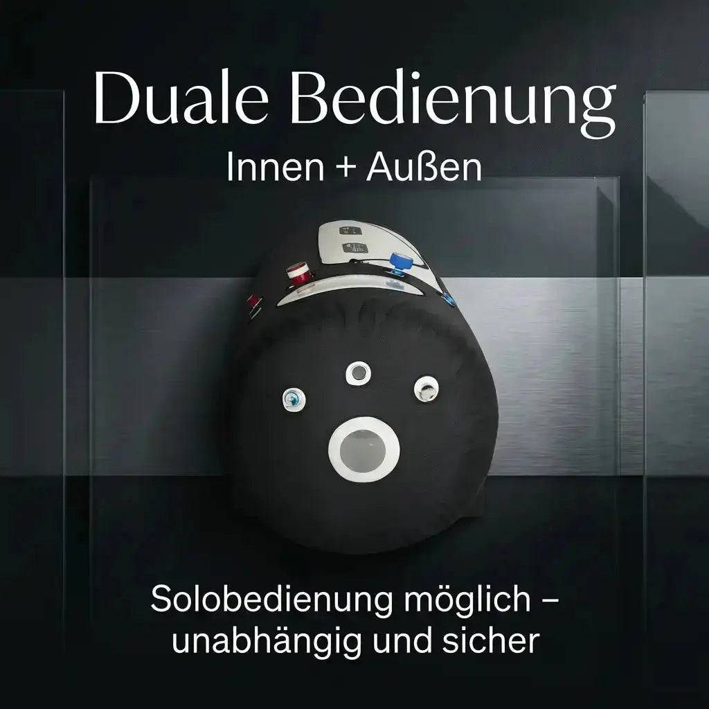 ProReset Flow 80 Softshell-Hyperbarkammer, Stirnseite, Grafik zur Bedienung innen und außen