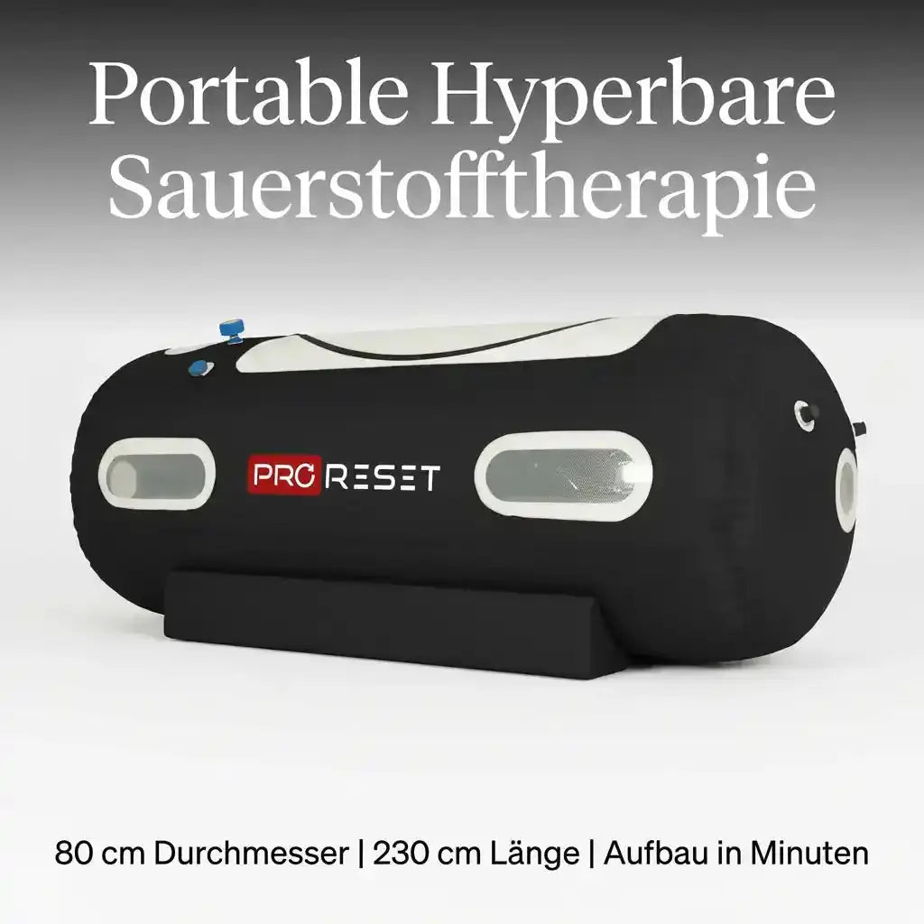 ProReset Flow 80 Softshell-Hyperbarkammer, vor grauem Hintergrund, Grafik mit Maßen