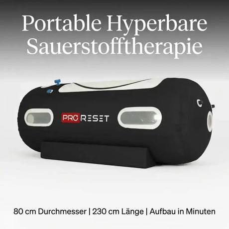 ProReset Flow 80 Softshell-Hyperbarkammer, vor grauem Hintergrund, Grafik mit Maßen