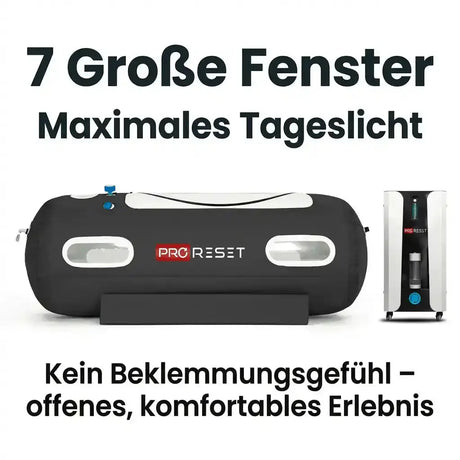 ProReset Flow 80 Softshell-Hyperbarkammer, mit Kompressor, Grafik zu großen Fenstern und Tageslicht