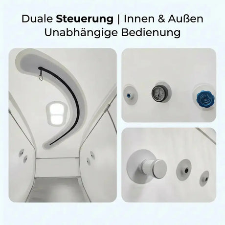 ProReset Flow 90 Softshell-Hyperbarkammer, Grafik zur Bedienung innen und außen mit Detailfotos