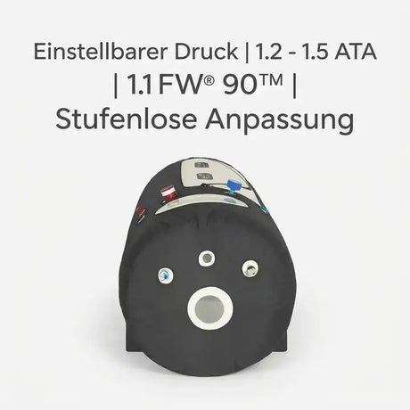 ProReset Flow 90 Softshell-Hyperbarkammer, Stirnseite mit Rundfenster, Grafik zum einstellbaren Druck
