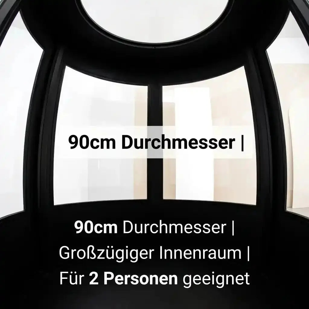 ProReset Flow 90 Softshell-Hyperbarkammer, Blick in den Innenraum, Grafik zum Durchmesser