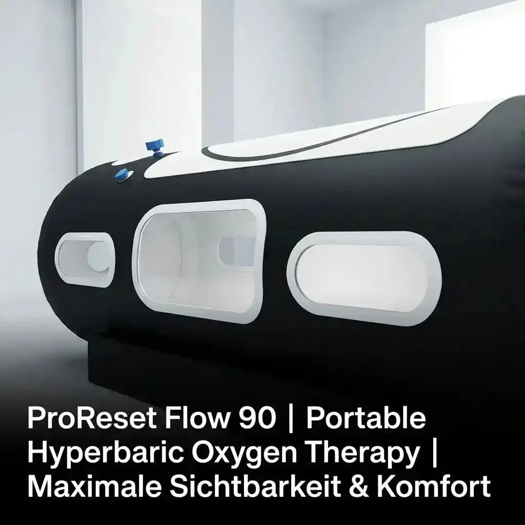 ProReset Flow 90 Softshell-Hyperbarkammer, Nahaufnahme der großen Fenster, Grafik mit Modellname