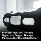 ProReset Flow 90 Softshell-Hyperbarkammer, Nahaufnahme der großen Fenster, Grafik mit Modellname