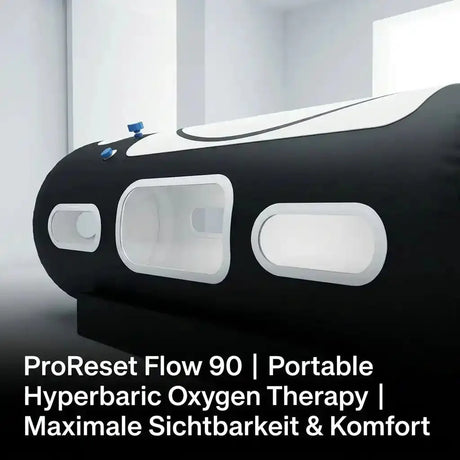 ProReset Flow 90 Softshell-Hyperbarkammer, Nahaufnahme der großen Fenster, Grafik mit Modellname