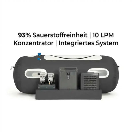 ProReset Flow 90 Softshell-Hyperbarkammer, mit Konzentrator und Zubehör davor, Grafik zum System