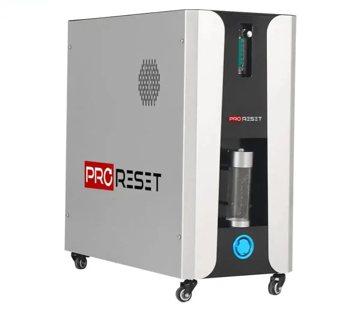 ProReset Flow 90 Softshell-Hyperbarkammer, zugehöriger Kompressor in Silber mit Wasserbehälter