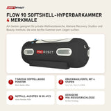 ProReset Flow 90 Softshell-Hyperbarkammer mit 4 Merkmalen: 7 große doppellagige Fenster, Druckwahlventil mit 4 Stufen, Notfall-Ausstieg in 30–45 s, Gebogene YKK-Reißverschlüsse