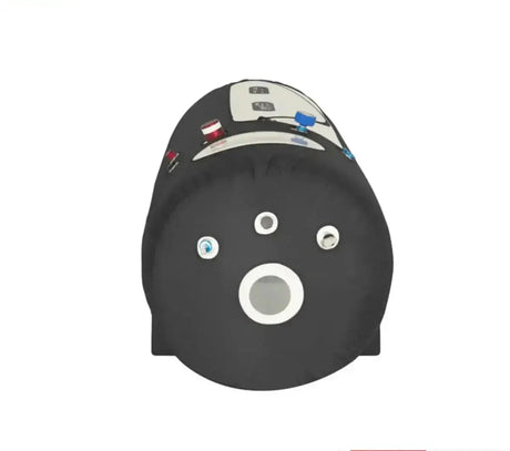 ProReset Flow 90 Softshell-Hyperbarkammer, Stirnseite aufrecht mit Rundfenster und Ventilen