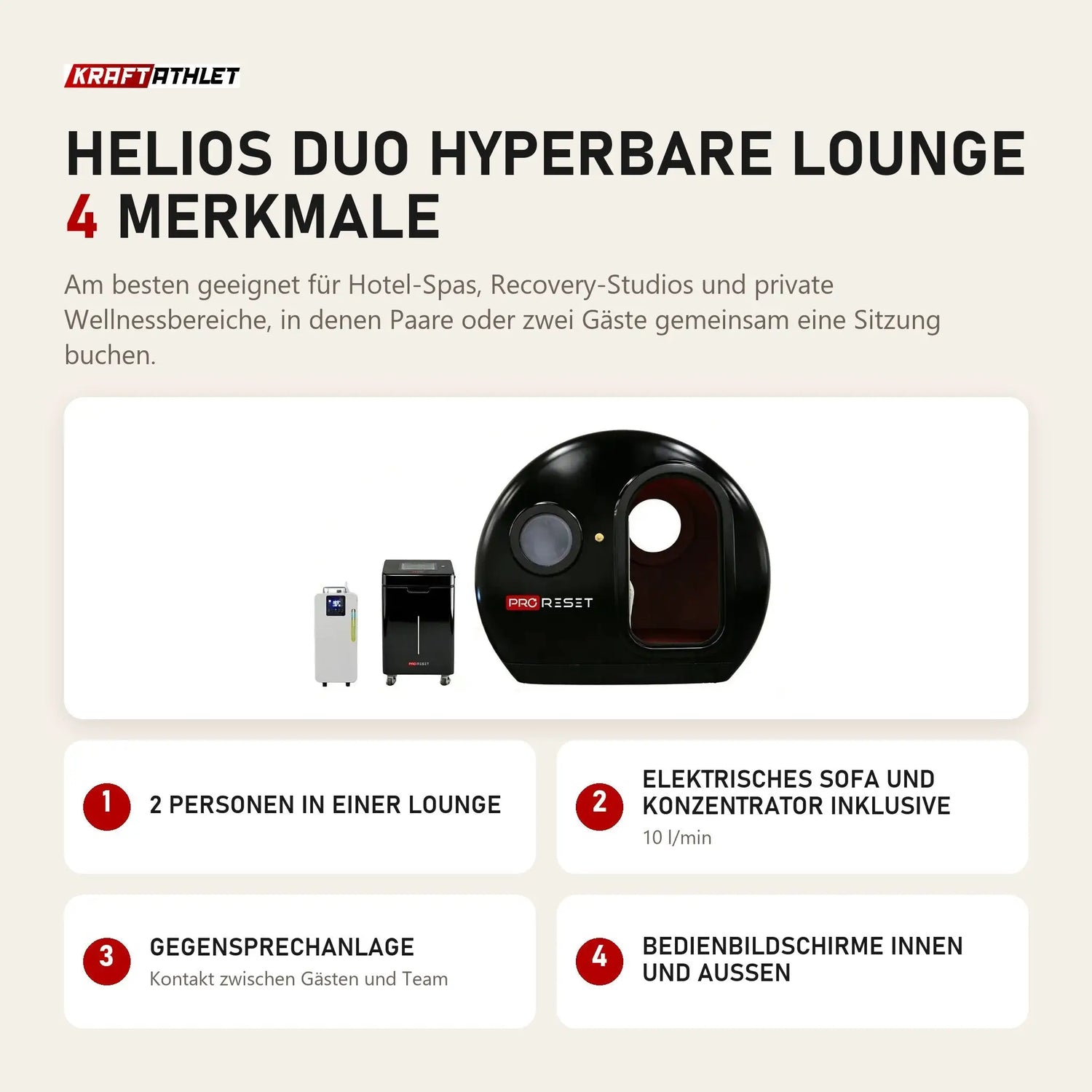 ProReset Helios Duo Hyperbare Lounge mit 4 Merkmalen: 2 Personen in einer Lounge, Elektrisches Sofa und Konzentrator inklusive, Gegensprechanlage, Bedienbildschirme innen und außen