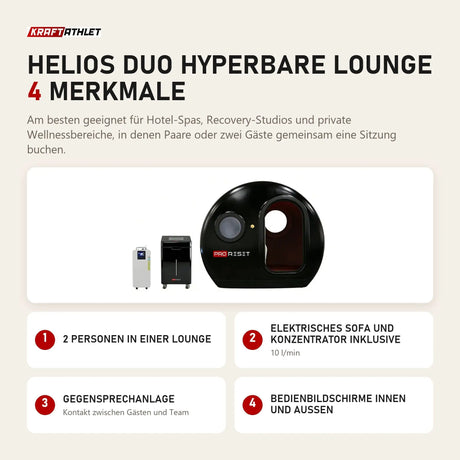 ProReset Helios Duo Hyperbare Lounge mit 4 Merkmalen: 2 Personen in einer Lounge, Elektrisches Sofa und Konzentrator inklusive, Gegensprechanlage, Bedienbildschirme innen und außen