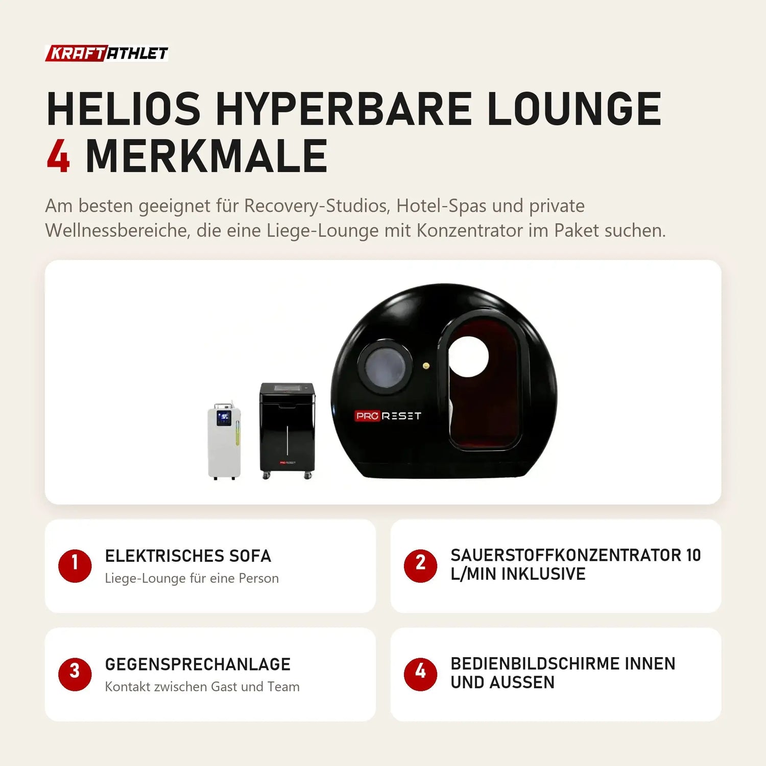 ProReset Helios Hyperbare Lounge mit 4 Merkmalen: Elektrisches Sofa, Sauerstoffkonzentrator 10 l/min inklusive, Gegensprechanlage, Bedienbildschirme innen und außen